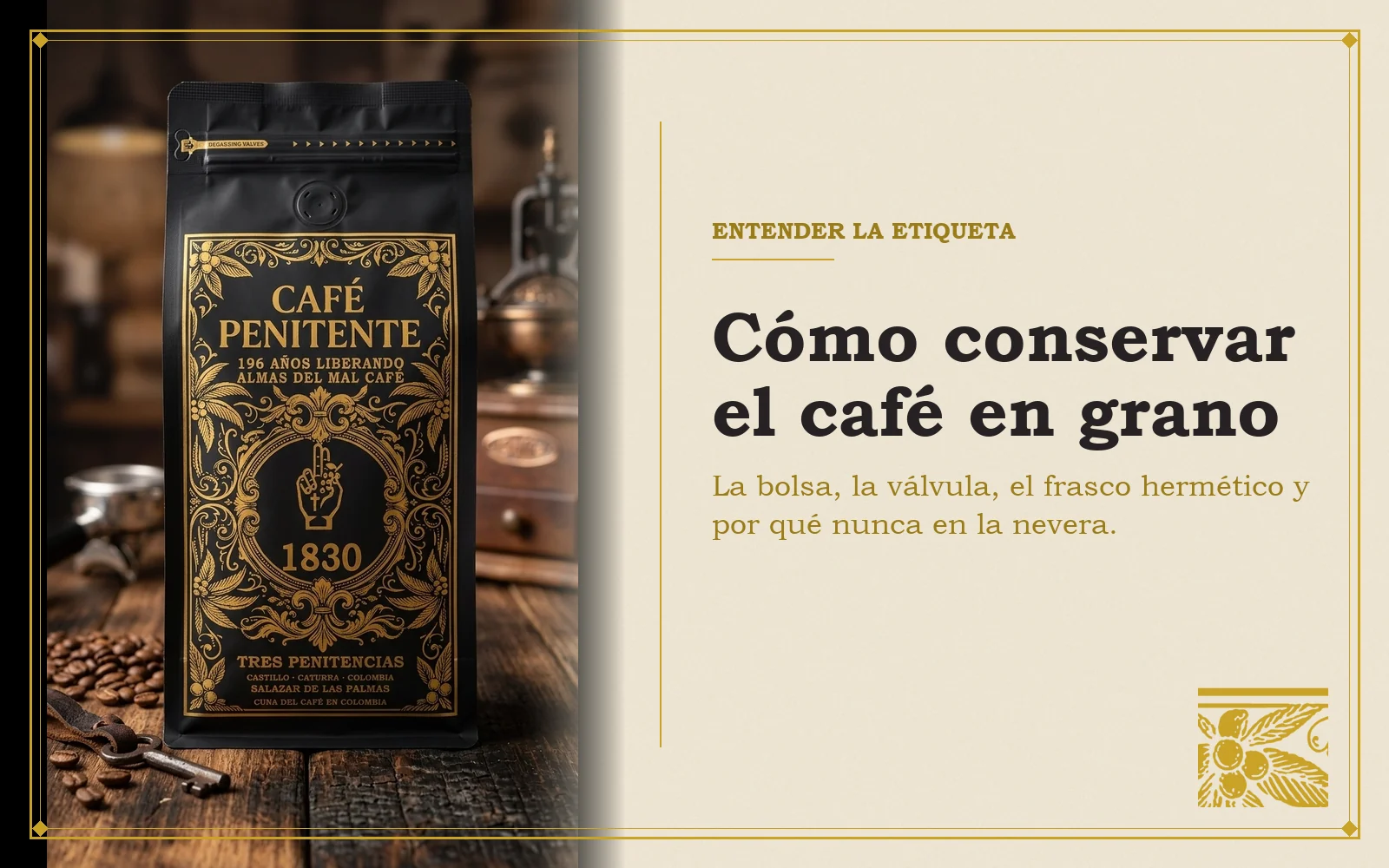 Bolsa de Tres Penitencias de Café Penitente con el título Cómo conservar el café en grano