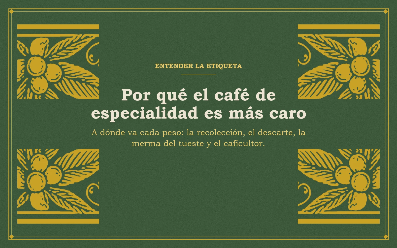 Ramas de café en oro sobre fondo verde con el título Por qué el café de especialidad es más caro