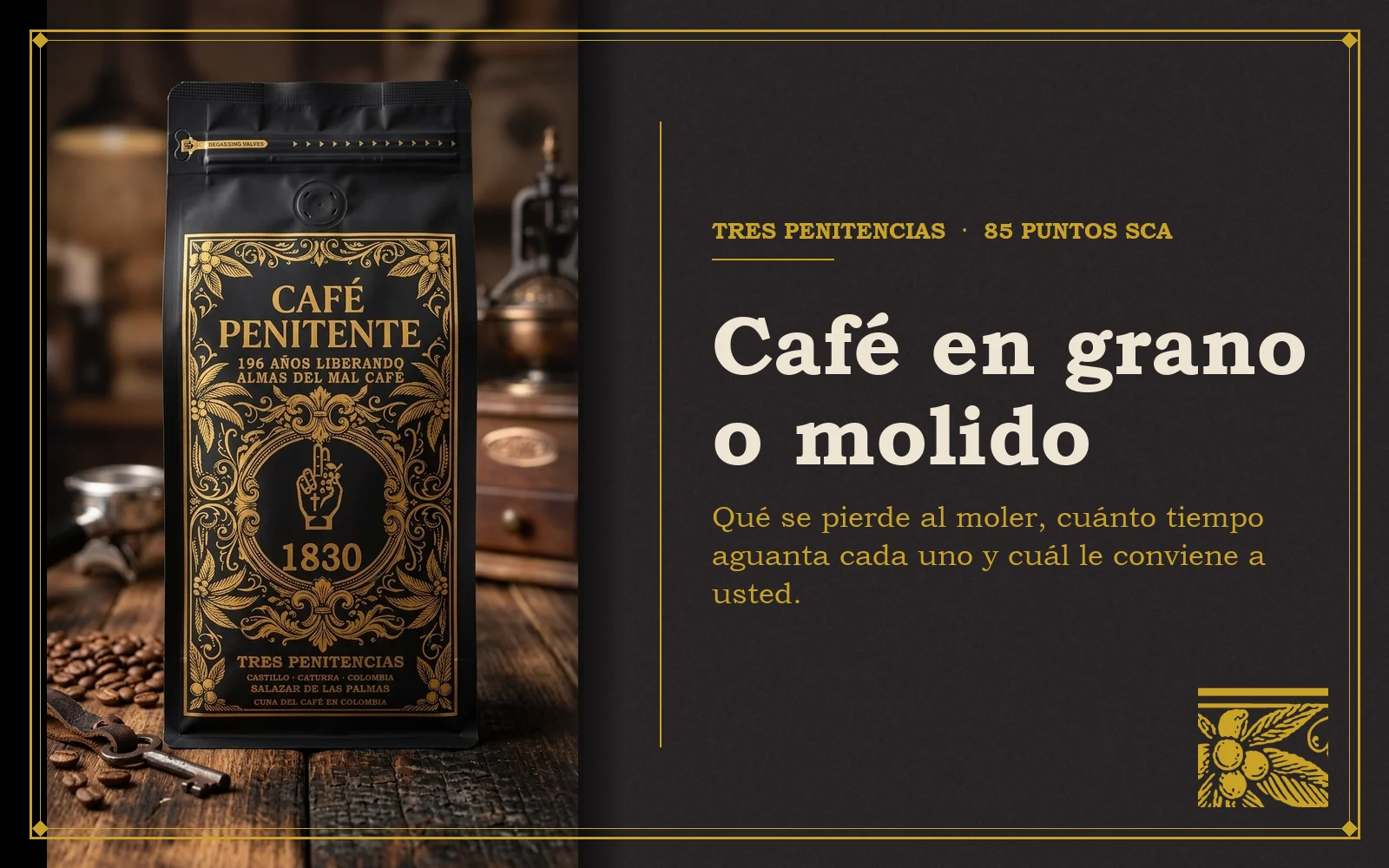 Bolsa de Tres Penitencias de Café Penitente junto a un molino antiguo, con el título Café en grano o molido