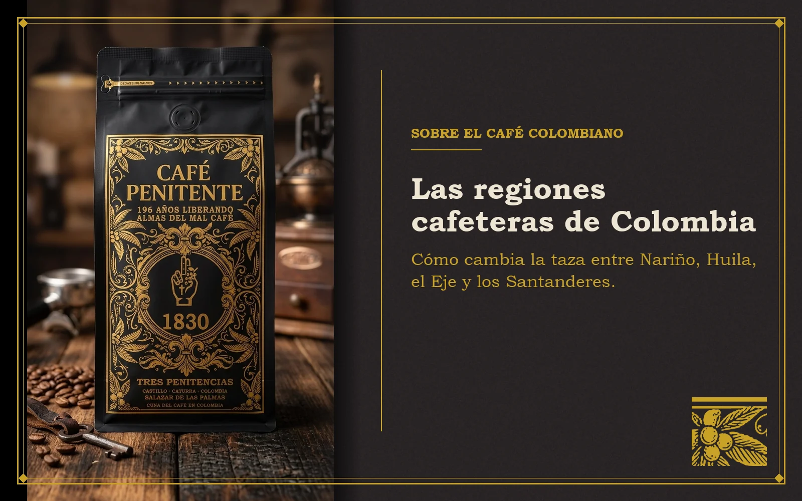 Bolsa de Tres Penitencias de Café Penitente sobre fondo oscuro con el título Las regiones cafeteras de Colombia